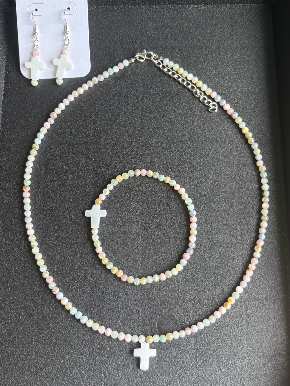 3pc Set Macaron MOP Shell Cross Bracelet, Earrings, and 19.5” Necklace